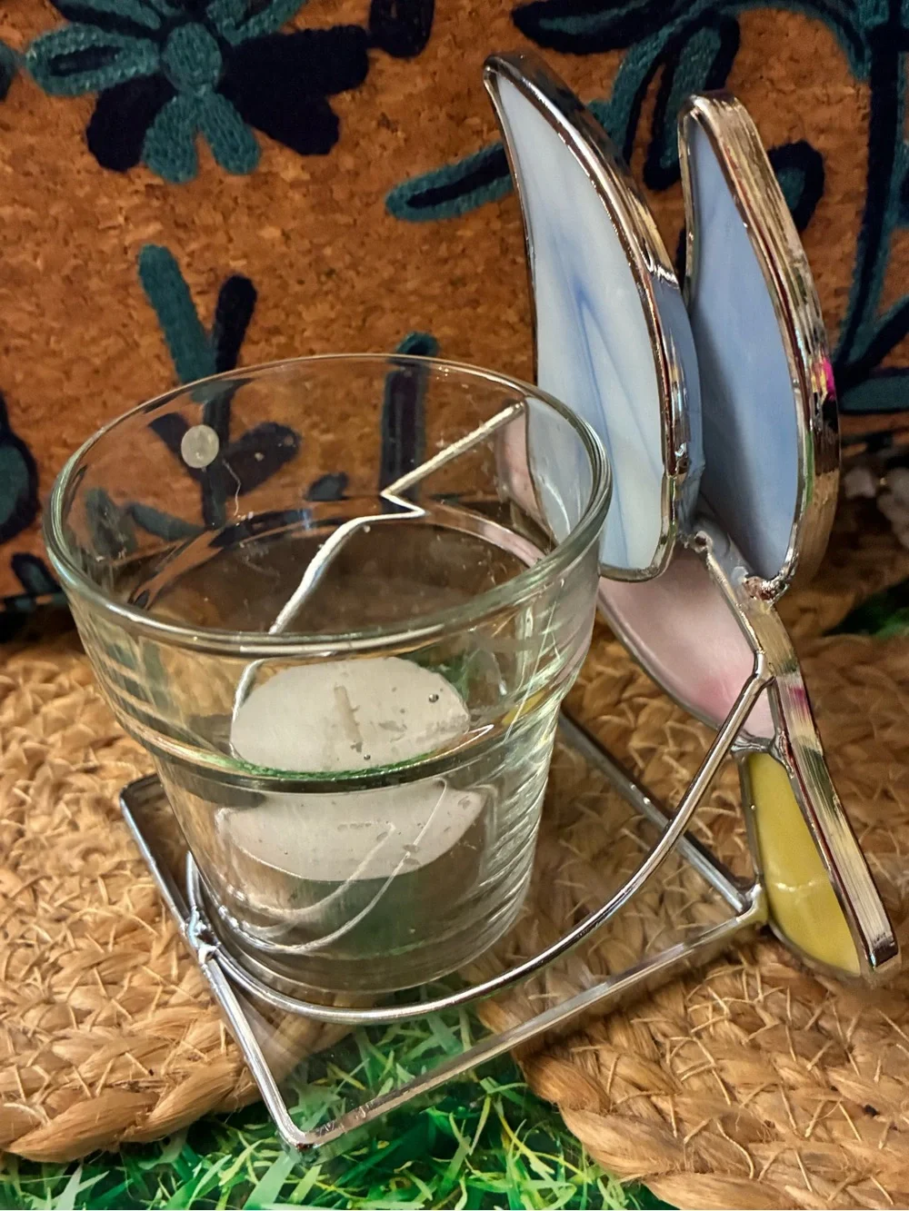 Stained Glass Bird Tealight Holder in Pink and Light Blue
